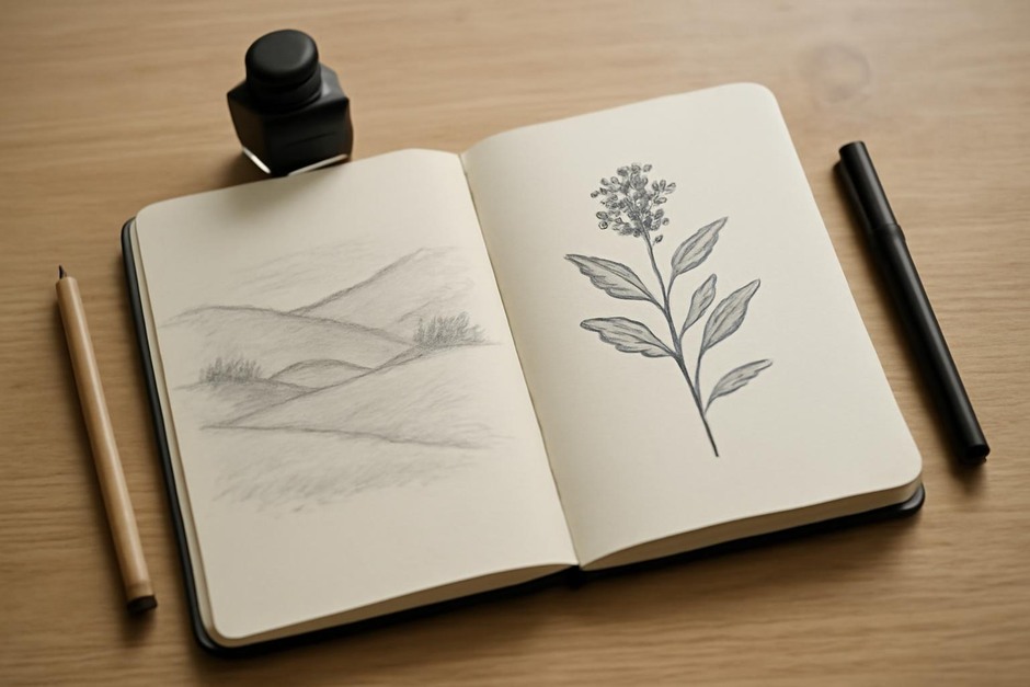 Open sketchbook with ink and pencil