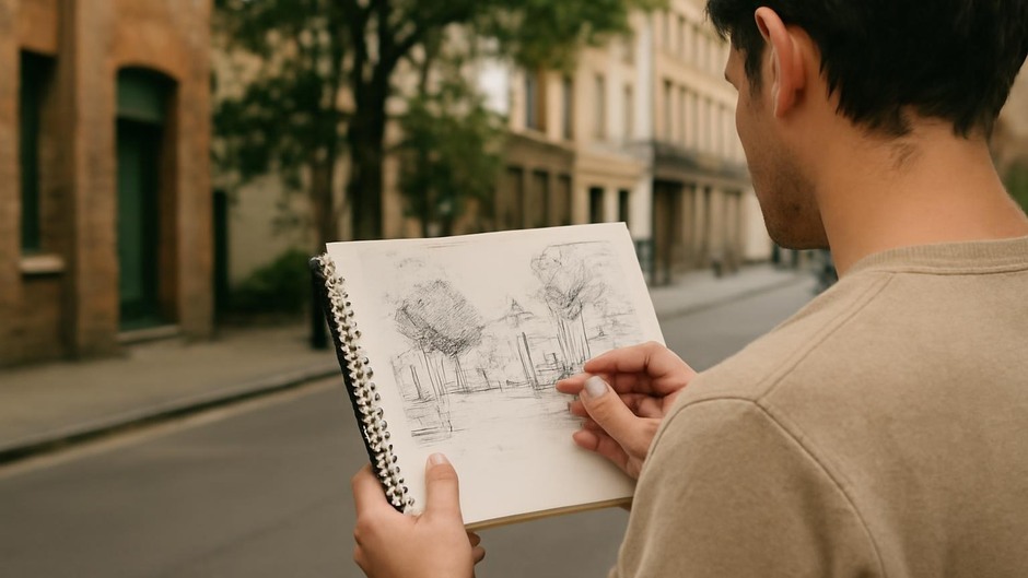 Artist sketching from a street scene