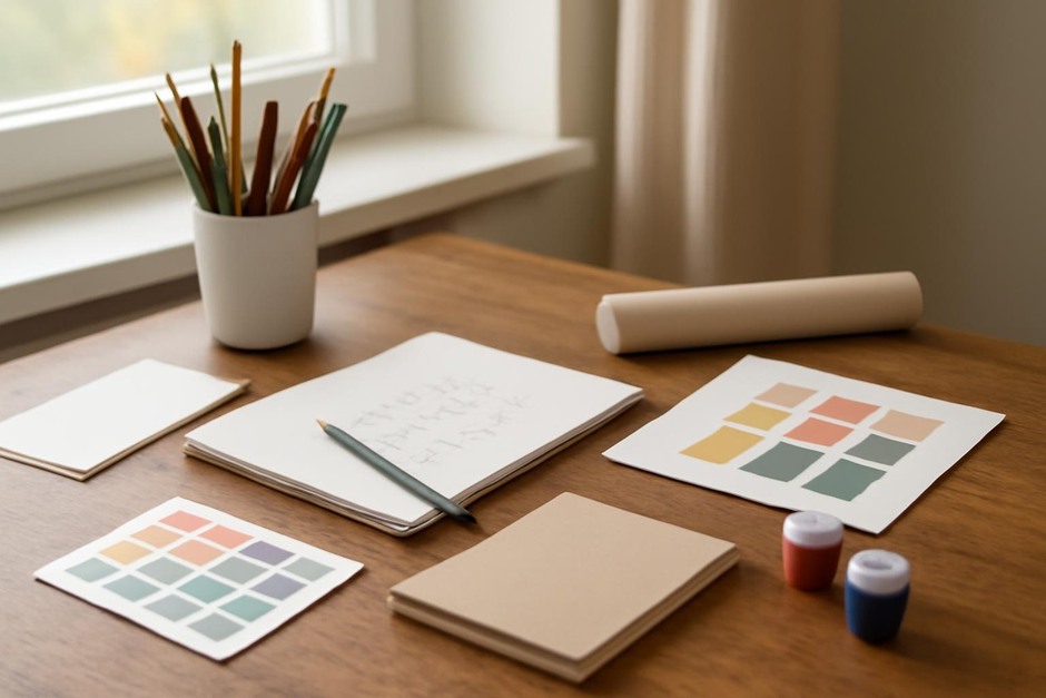 Abstract art desk with color swatches, brush marks, and sketchbook studies.