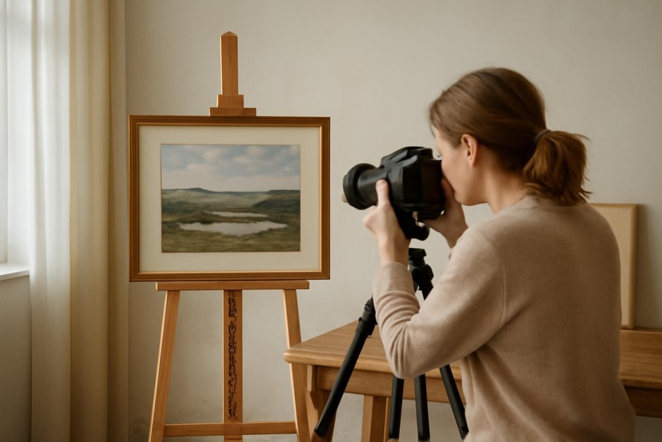 Photographing a painting with a camera and tripod