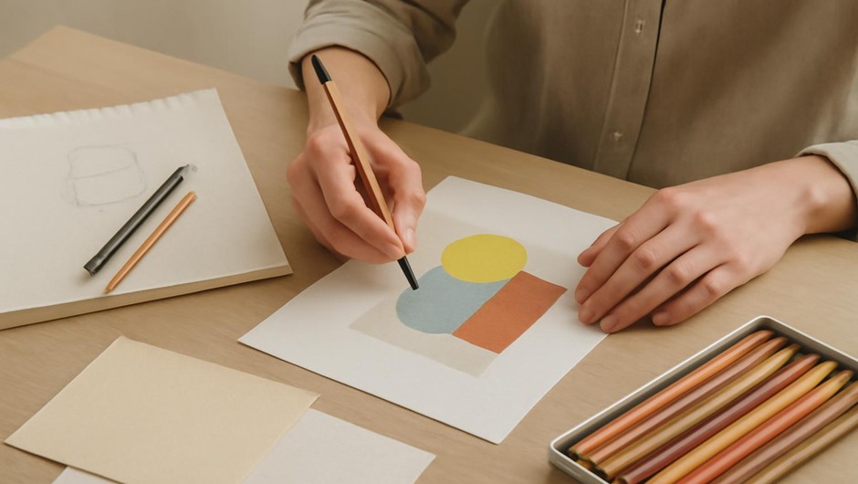 Bright studio image with paint textures, paper layers, and geometric color blocks.